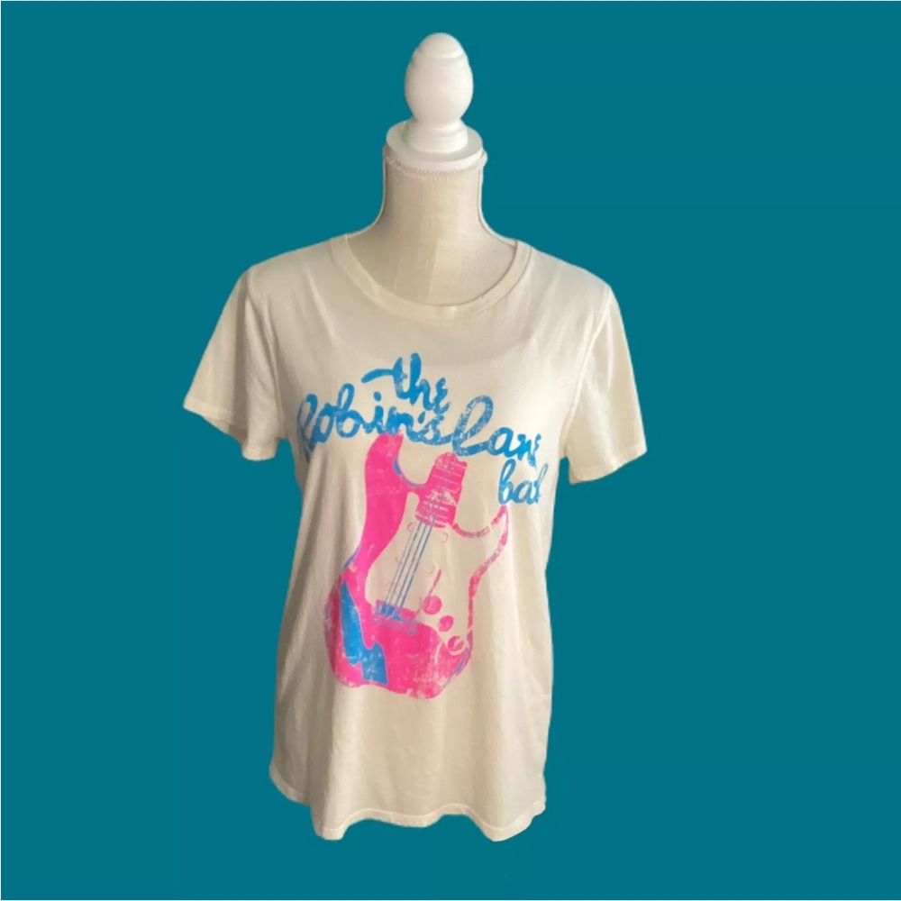 Cream Graphic T-Shirt S with Pink and Blue Design Y2K The Robin’s Lane 90s